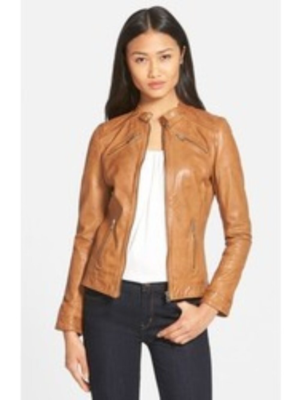 Lamarque Leighton Stitch Detail Lambskin Leather Jacket Brown, Size Large